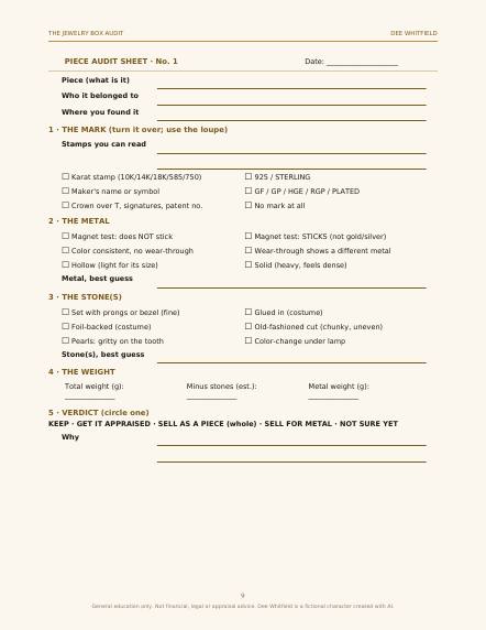 Printable piece audit sheet